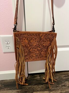 American Darling Tooled Floral Leather Fringe Crossbody - Tan/Brown